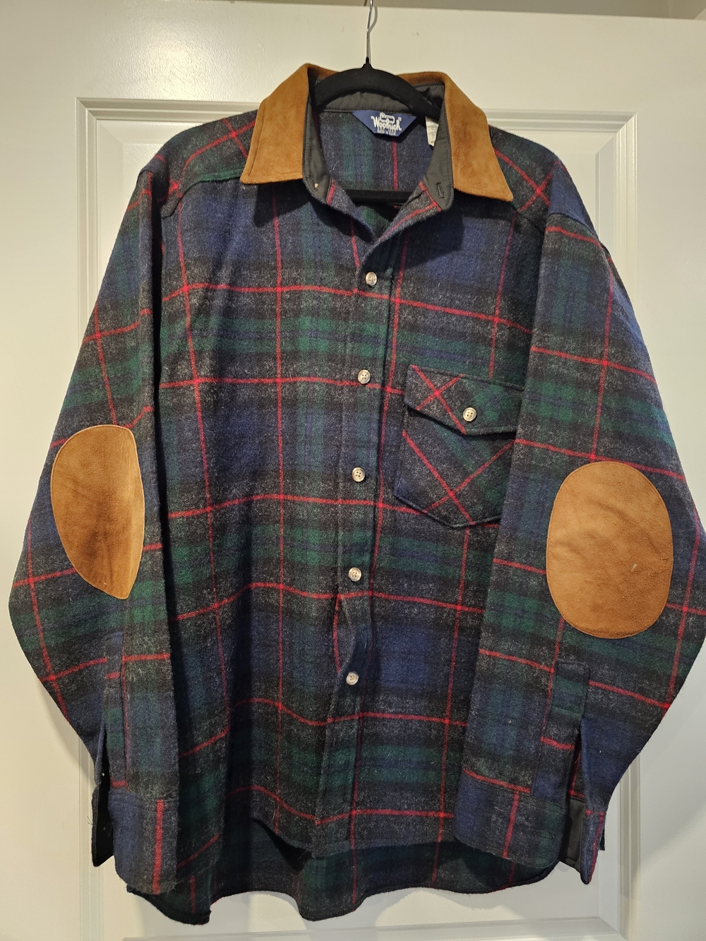 Men's Plaid Wool Blend Button-Up Jacket with Tan Suede Collar & Elbow Patches